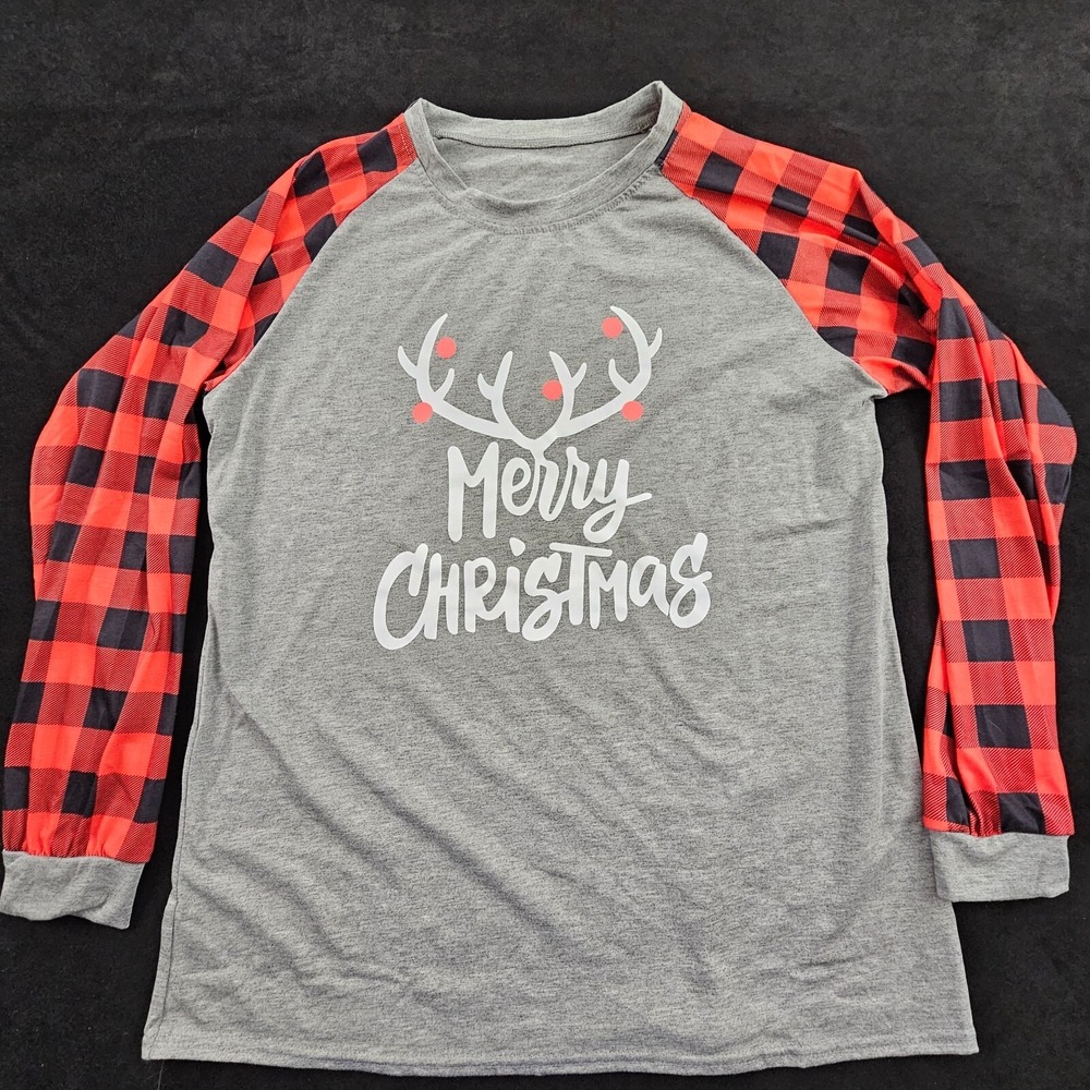 Merry Christmas Deer Antlers Gray Long Sleeve Polyester Blend Pajama Top Adult L